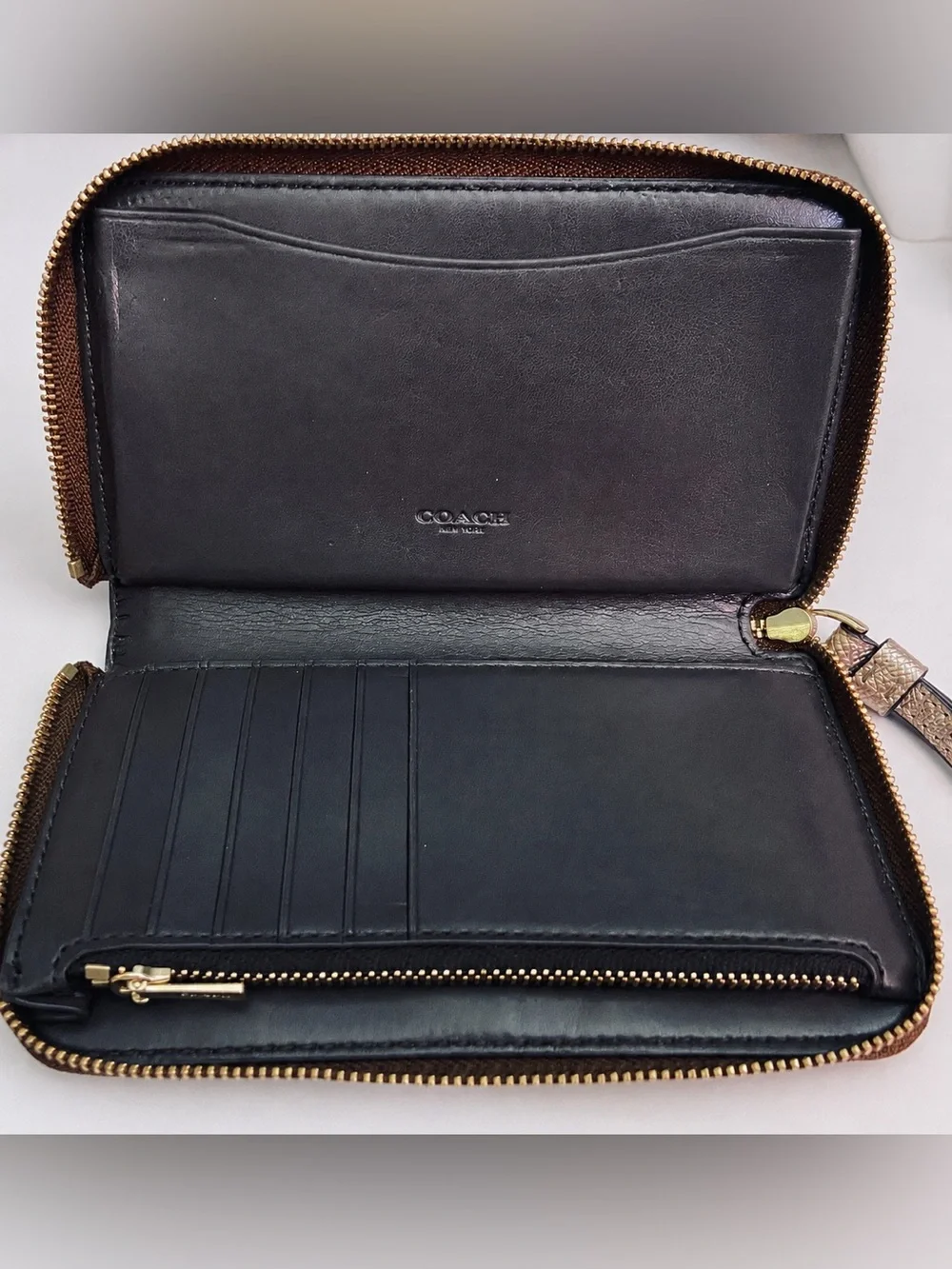 Coach Signature Brown Zip Around Wristlet Wallet with Wrist Strap